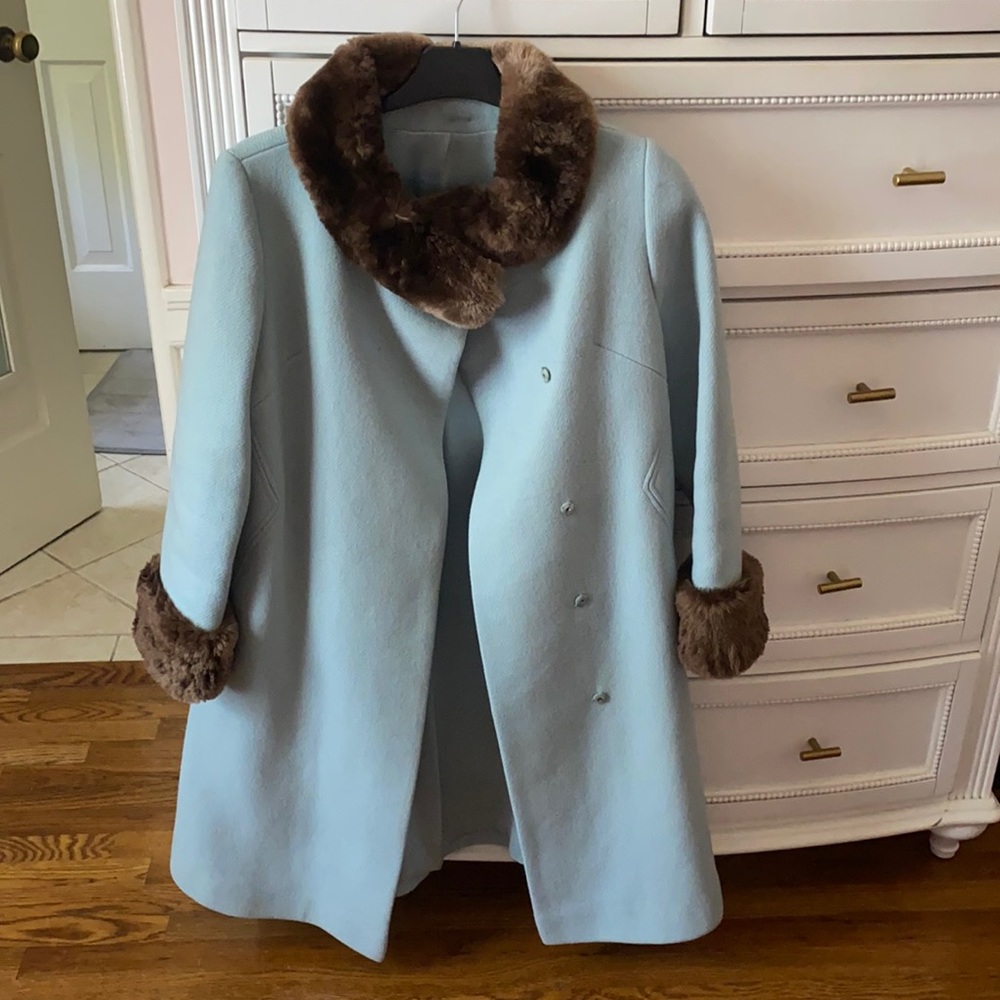 Vintage Blue Faux Fur Trim Coat Wool Jacket